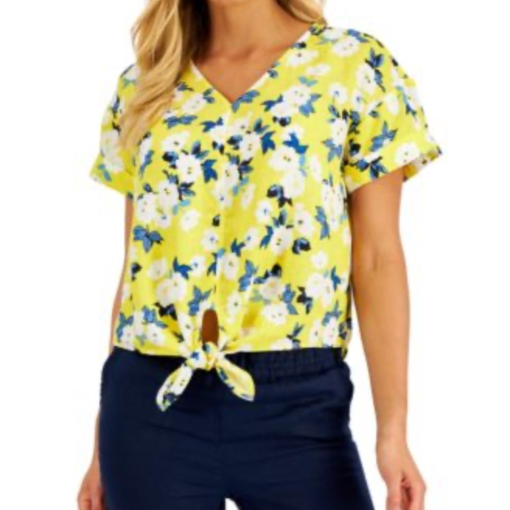 Charter Club Women's 100% Linen floral Printed Tie-Front Top XXL yellow blue